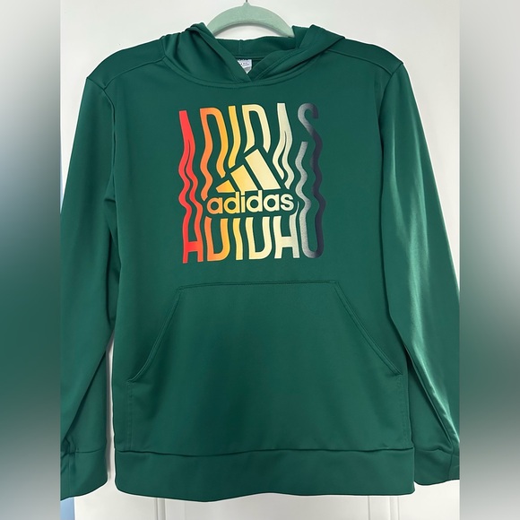 ADIDAS Size 14/16 Boys Green Hooded Sweatshirt with Pockets and Colorful Logo - Picture 5 of 6